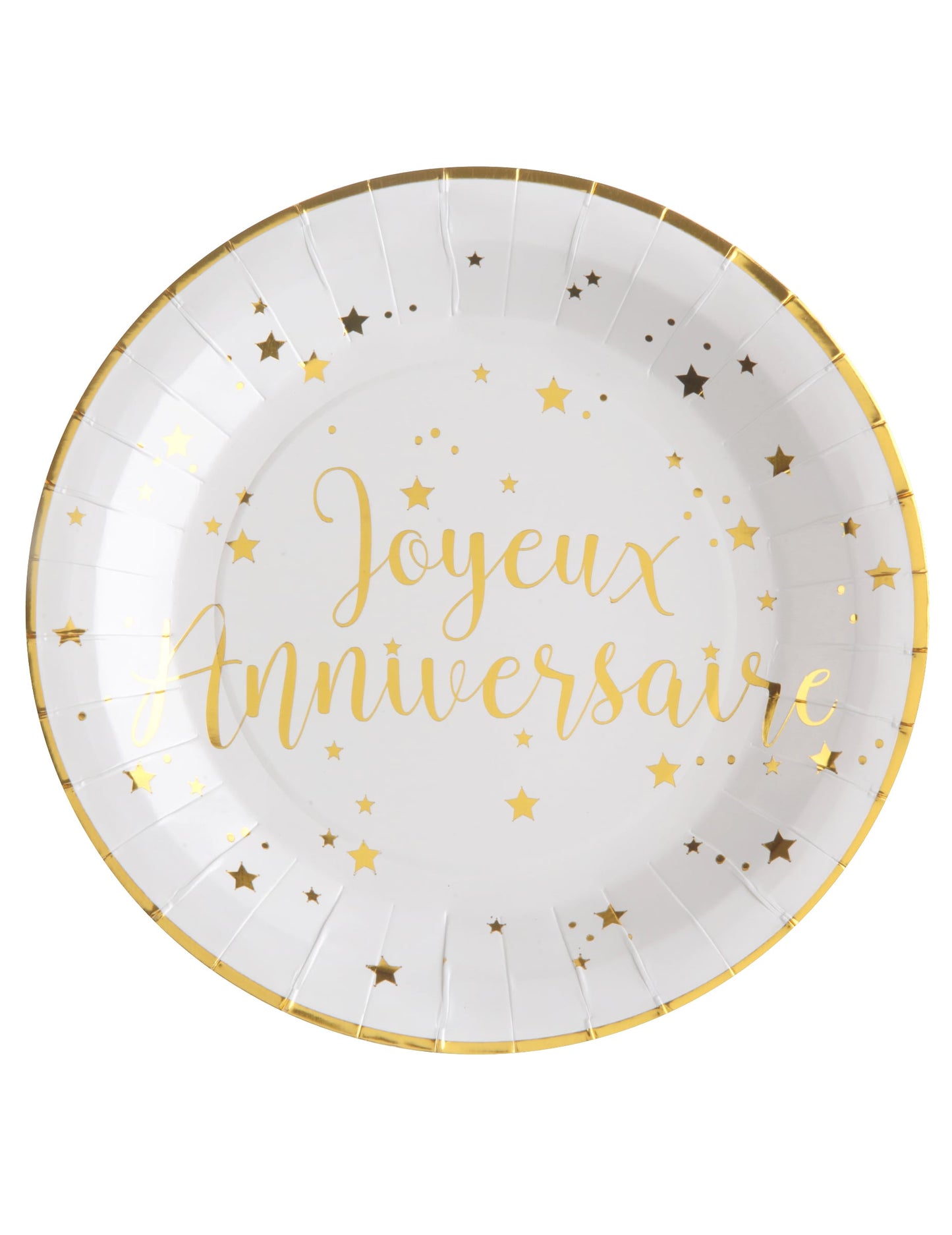 Assiettes en carton Joyeux Anniversaire pour fête blanc et doré avec étoiles