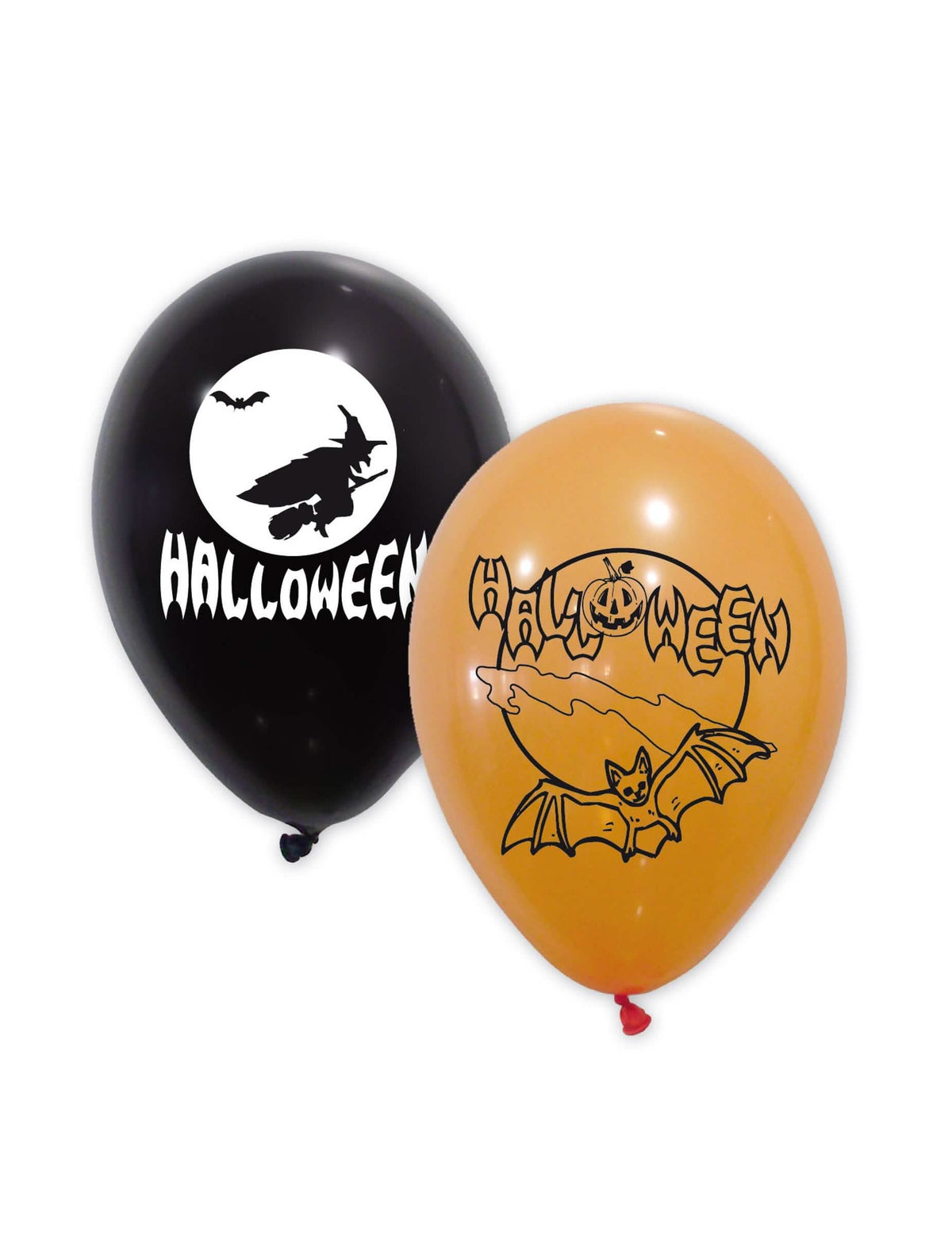 balões de látex halloween pretos e laranja com motivos de bruxa e morcego