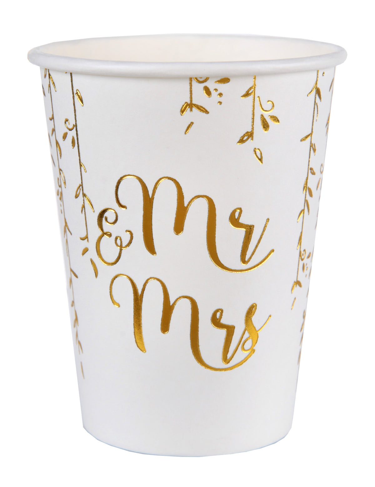 Mise en situation sur une table des gobelets en carton Just Married pour mariage