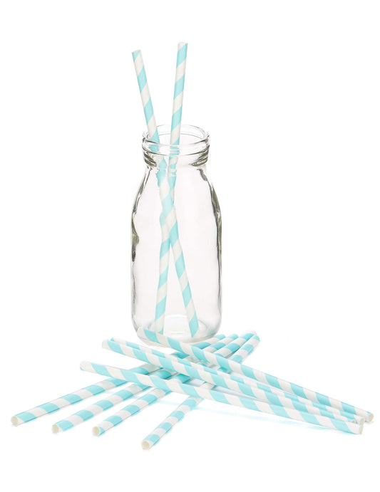 Mise en situation des pailles en carton rayées bleu pastel
