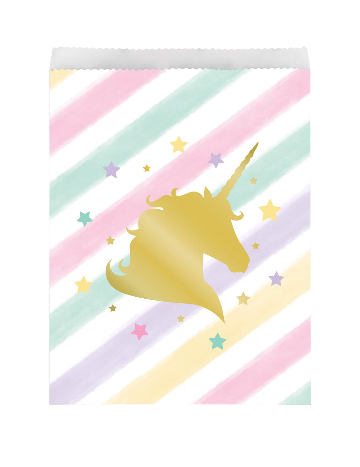Saco de papel unicórnio estrelas pastel com silhueta dourada