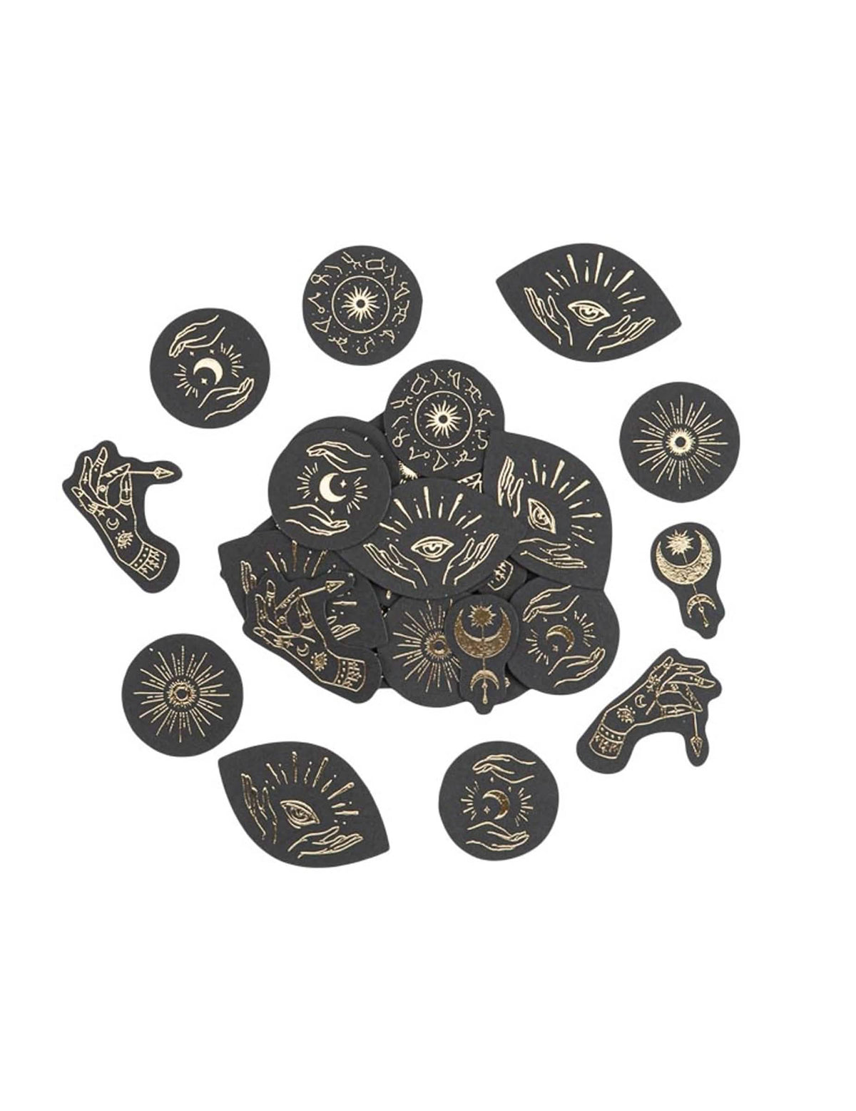 100 confetes Cosmic Spirit em papel preto e dourado 1,5 a 4 cm