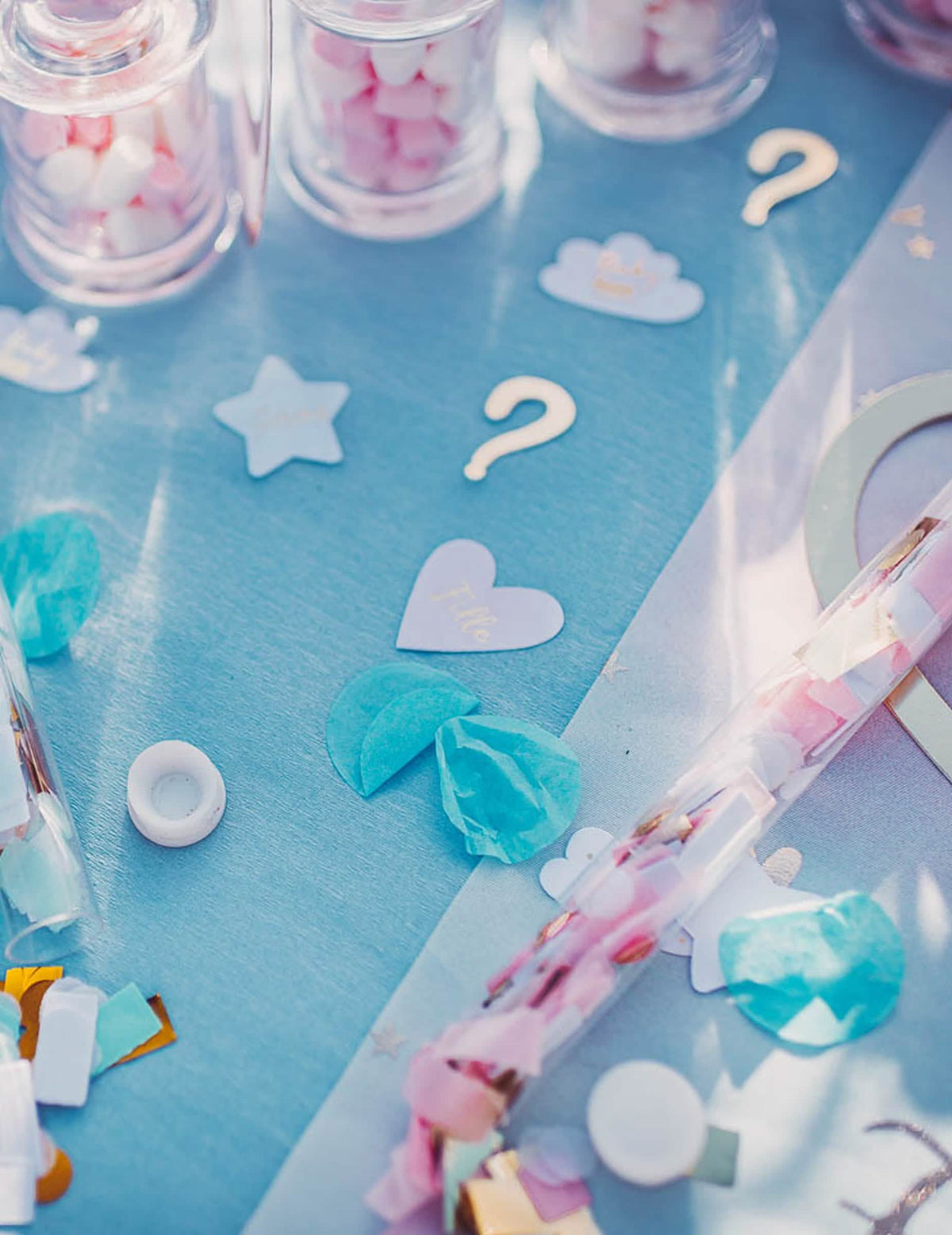 Detalhe das formas e dos motivos dos Confettis menina ou menino para gender reveal