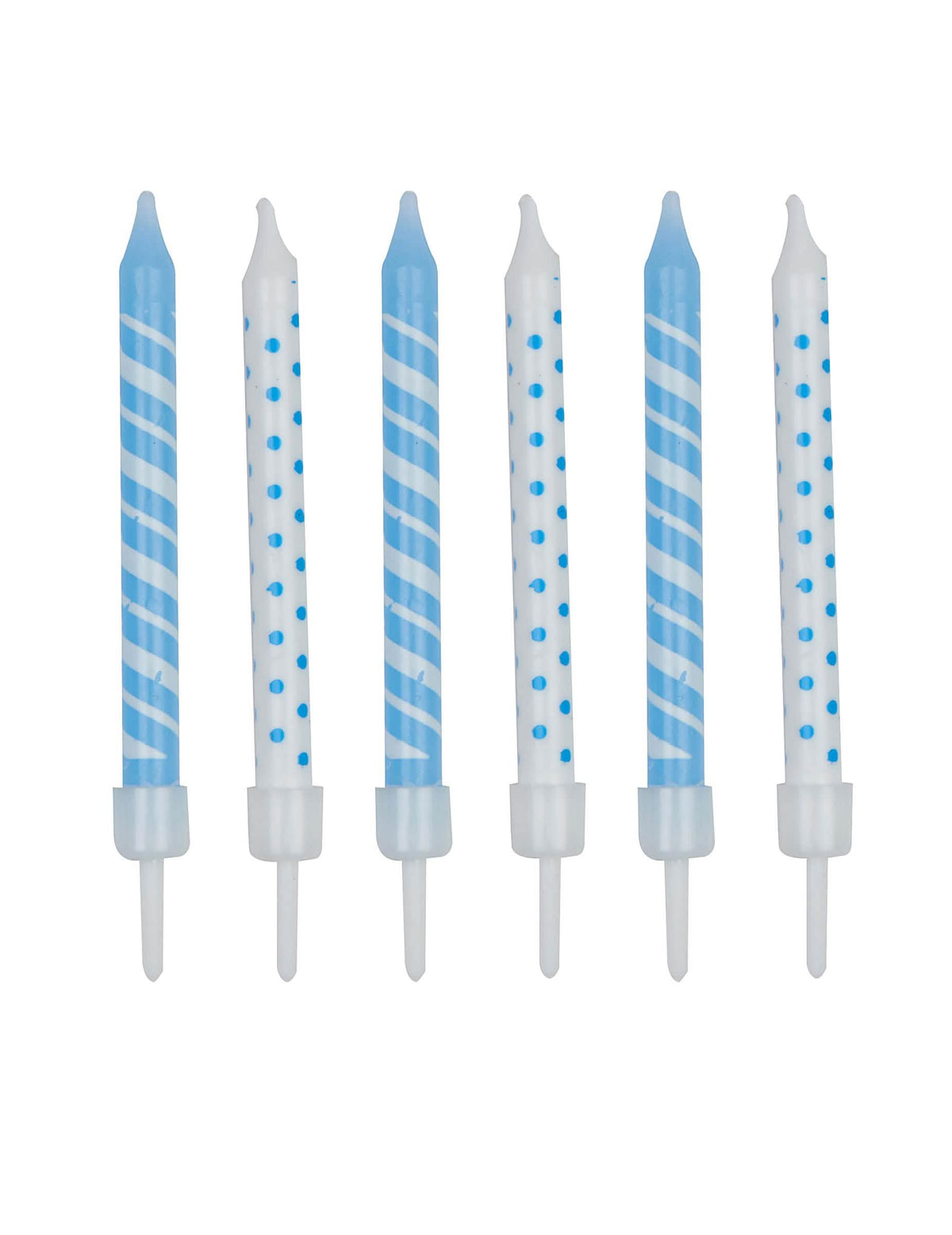Velas de aniversário às riscas e às bolinhas branco e azul-celeste com suportes em lote de 12