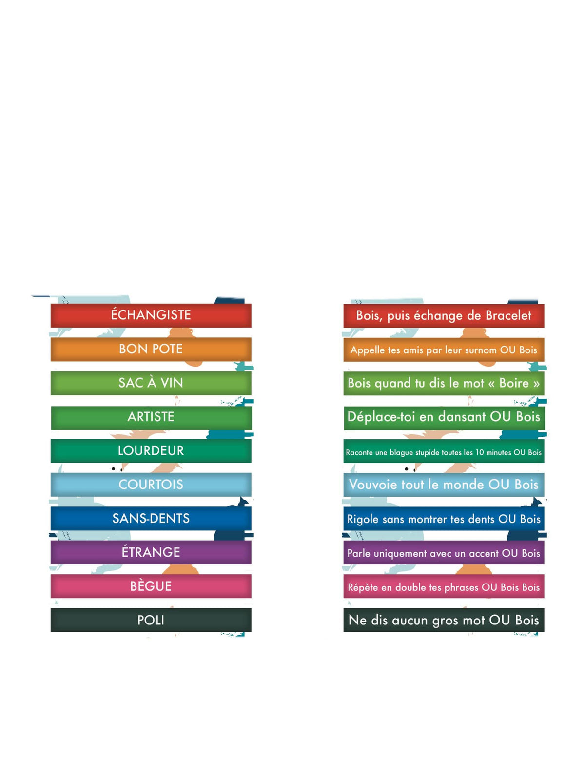 Detalhe dos textos e desafios dos 10 braceletes desafios humorístico para adulto