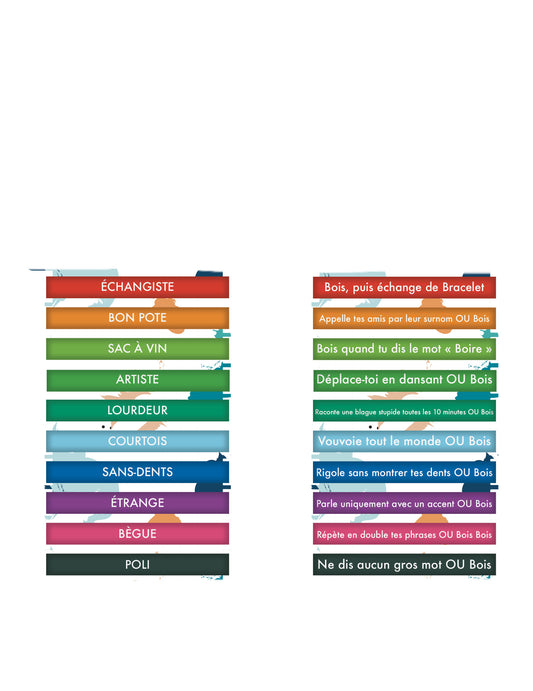 Détail des textes et défis des 10 bracelets défis humoristique pour adulte