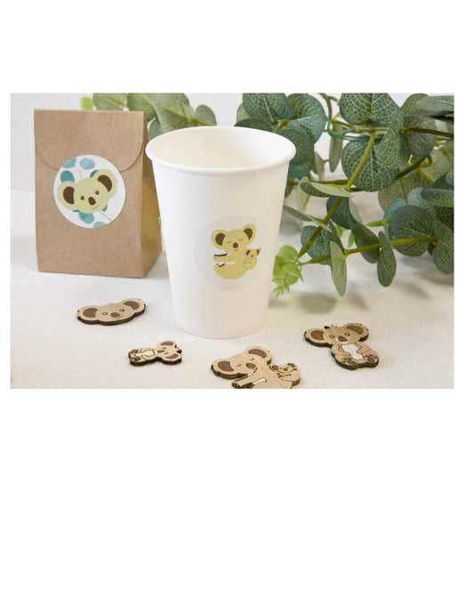 Mise en situation sur sachet et gobelet des stickers ronds Koala