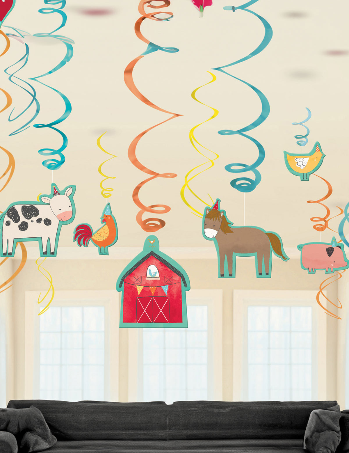 Suspensions à spirales métallisées à la ferme pour anniversaire multicolores avec animaux