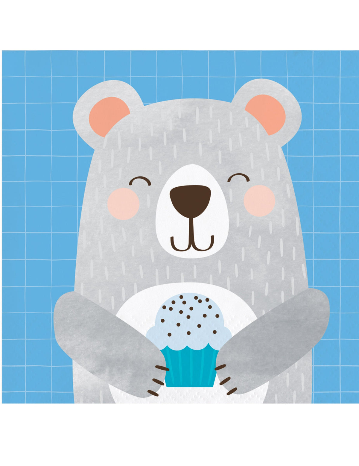 Petites serviettes en papier Petit Ours Gris pour enfant gris et bleu avec cupcake