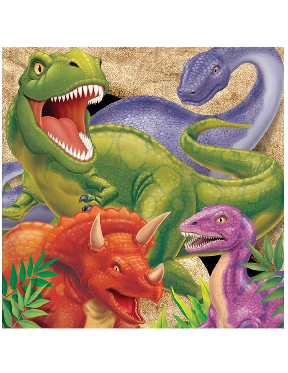 guardanapos aniversário Dinossauros multicoloridos com T-Rex e Tricerátops