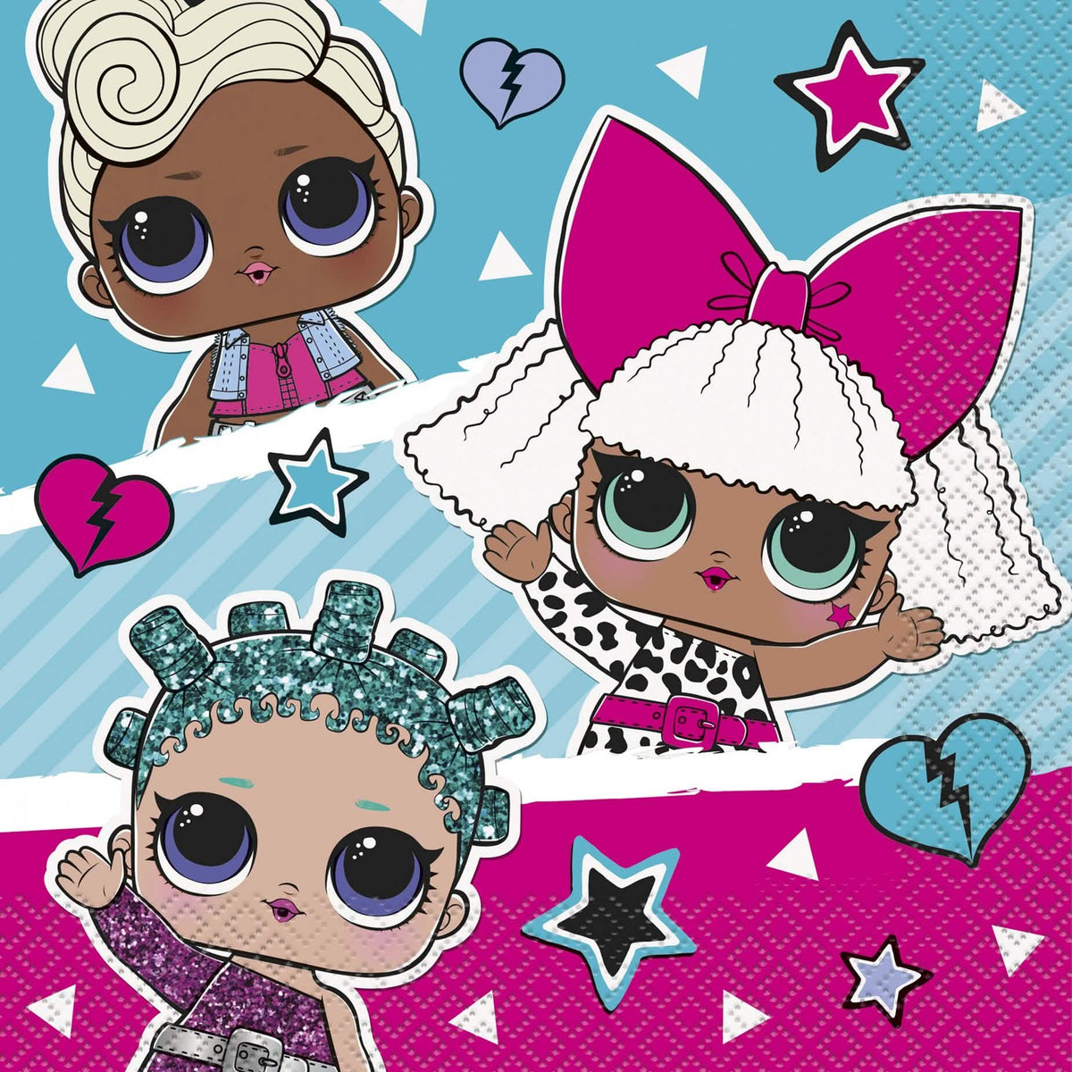 guardanapos LOL Surprise para criança multicolores com três bonecas sobre fundo azul e cor de rosa