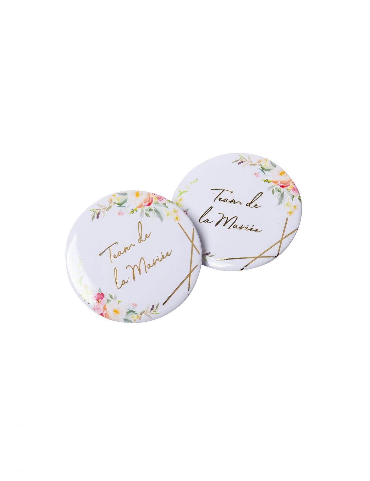 Badges team da noiva para mulher com flores em aguarela e lettering dourado