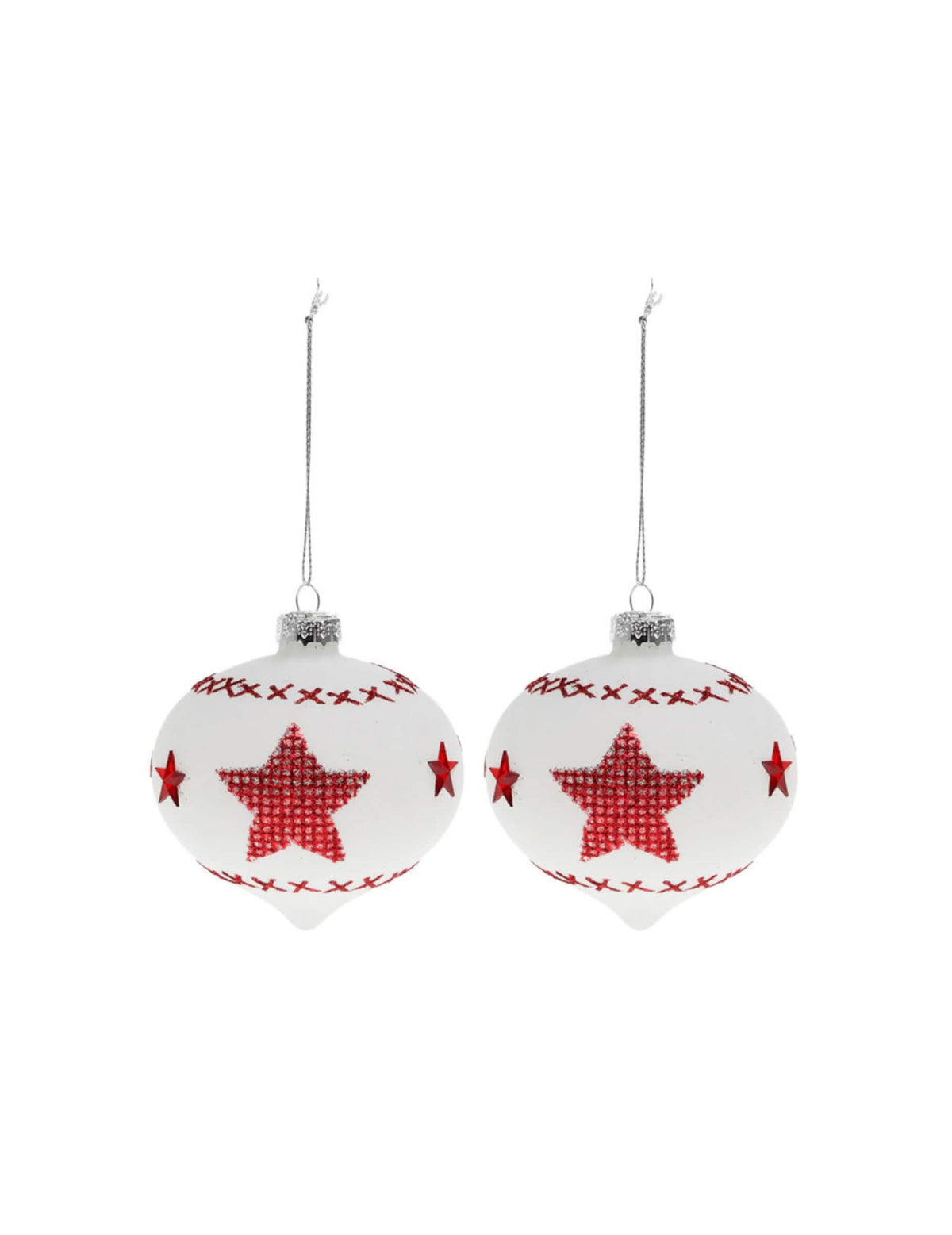 2 bolas de vidro brancas com estrelas vermelhas