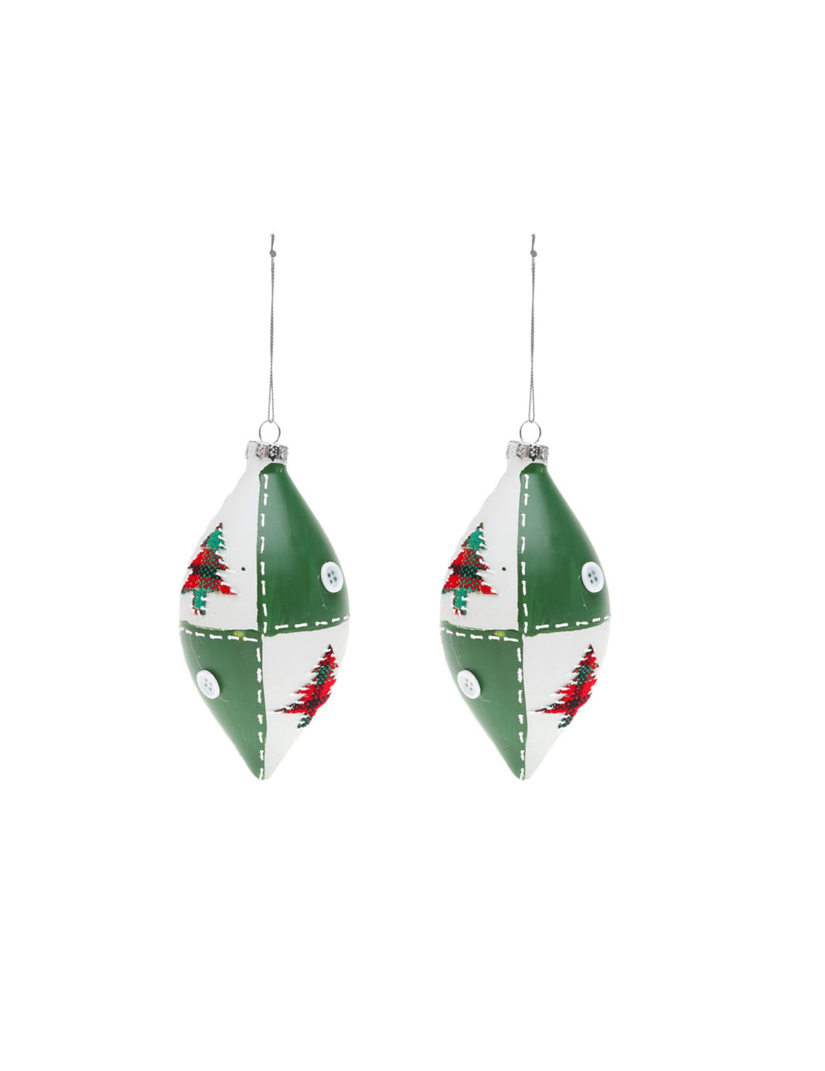 Lote de 2 bolas de vidro em forma de gota com motivo de pinheiro para decoração de natal, brancas e verdes