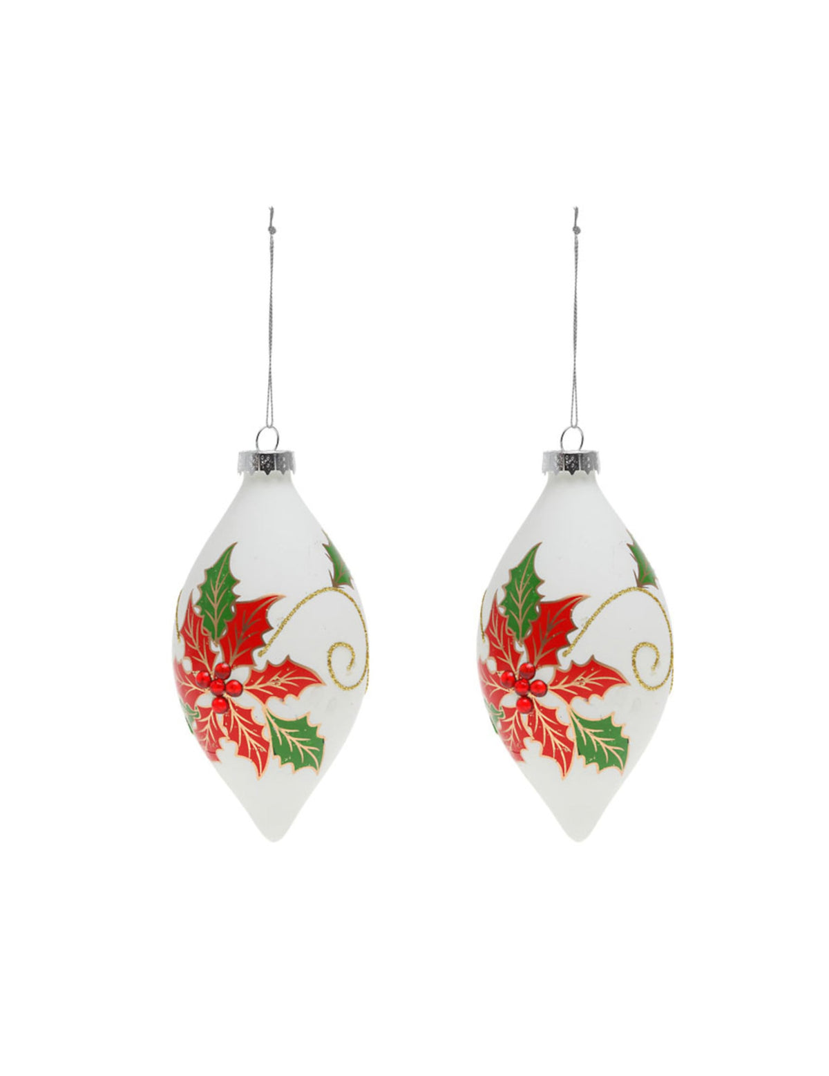 Boules en verre goutte houx pour décoration sapin blanches avec motifs rouges et verts