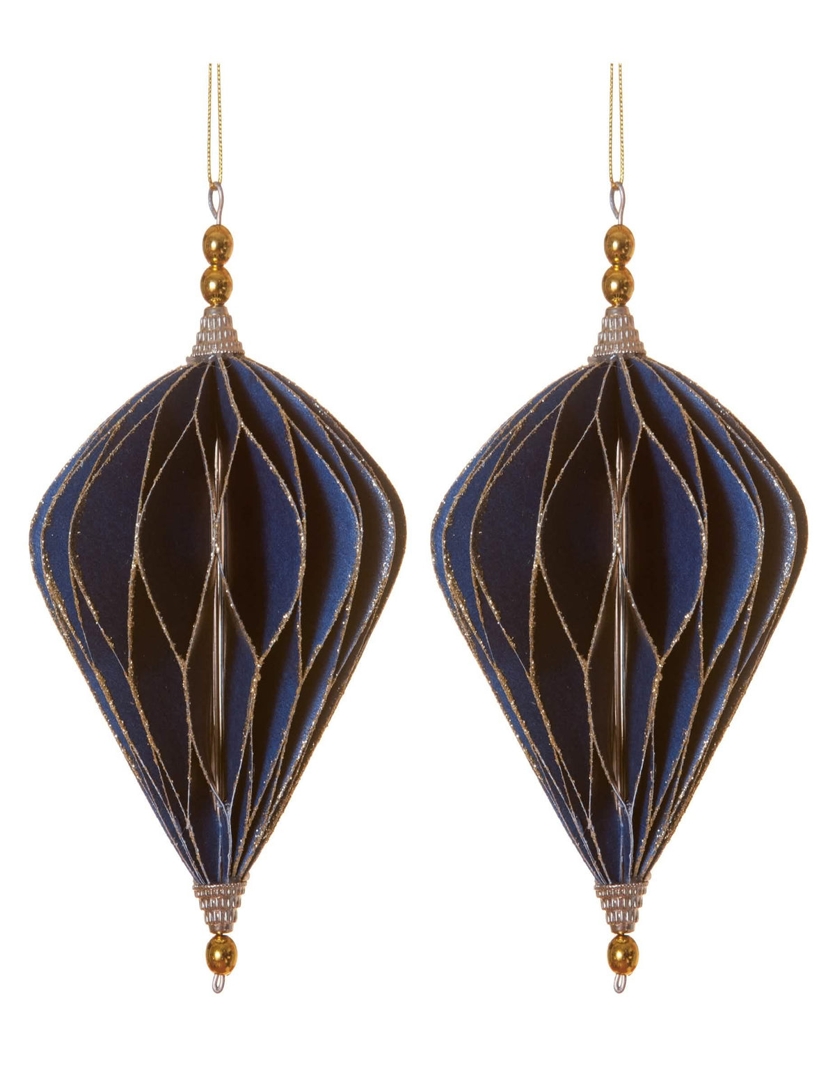 2 suspensões origami losangos para decoração azuis e dourado