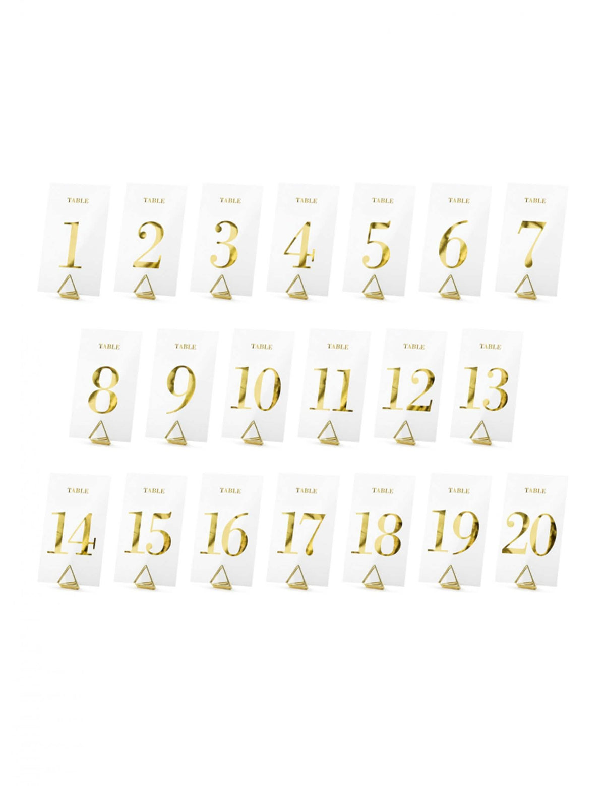 Vue d'ensemble dos 20 números da placa de mesa transparente com algarismos dourados para casamento dourado