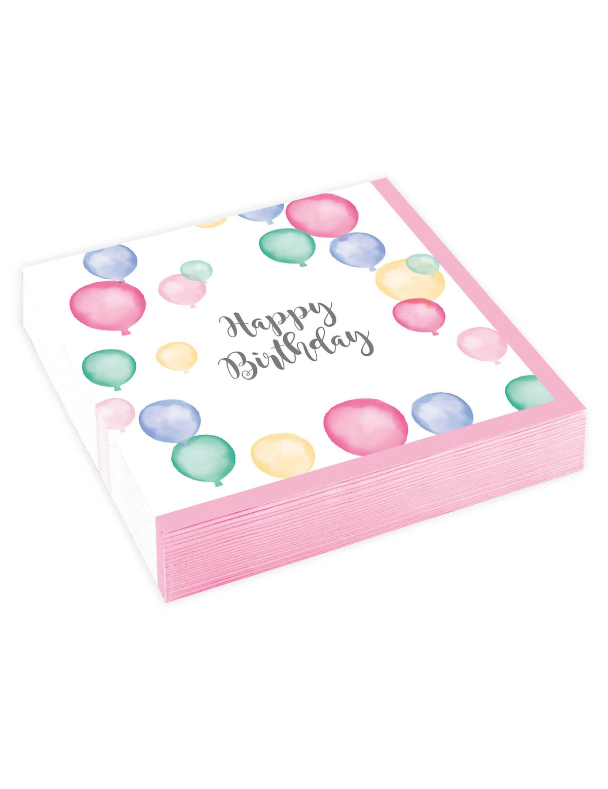 guardanapos Happy Birthday balões pastel para festa brancos e cor-de-rosa com motivos em aguarela