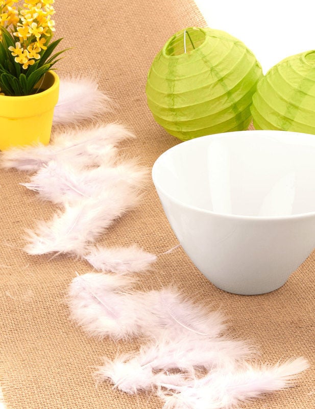 Mise en scène sur une table des plumes de décoration parme pour fête lilas pastel