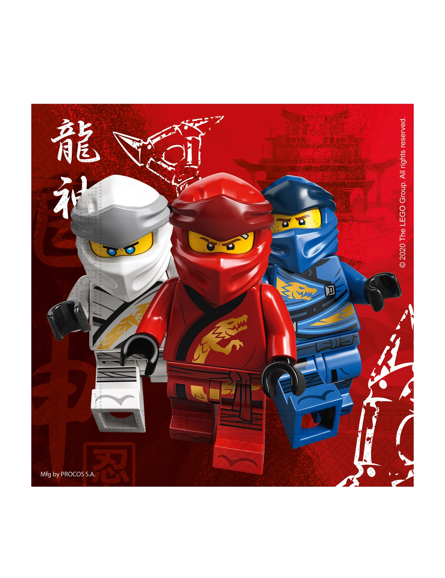 Serviettes en papier FSC Lego Ninjago rouges avec personnages Kai Jay et Zane