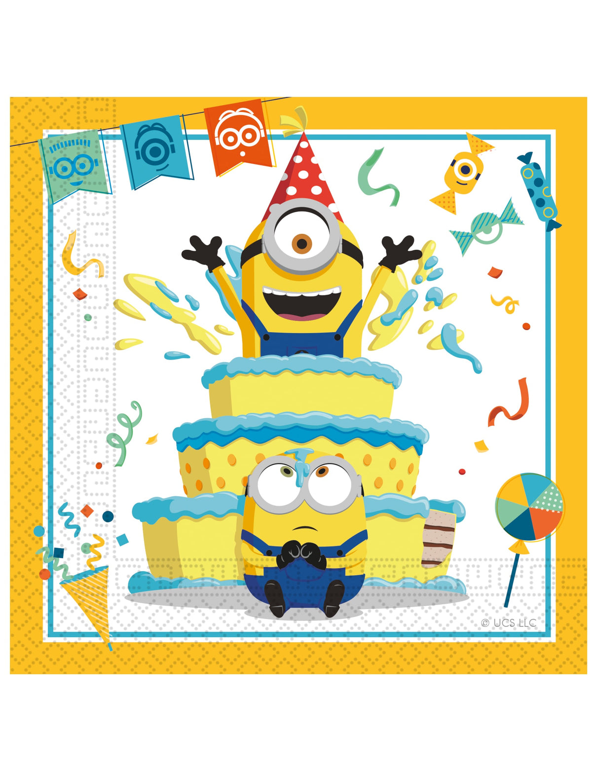 Serviettes en papier Minions jaune et bleu avec motif gâteau d'anniversaire