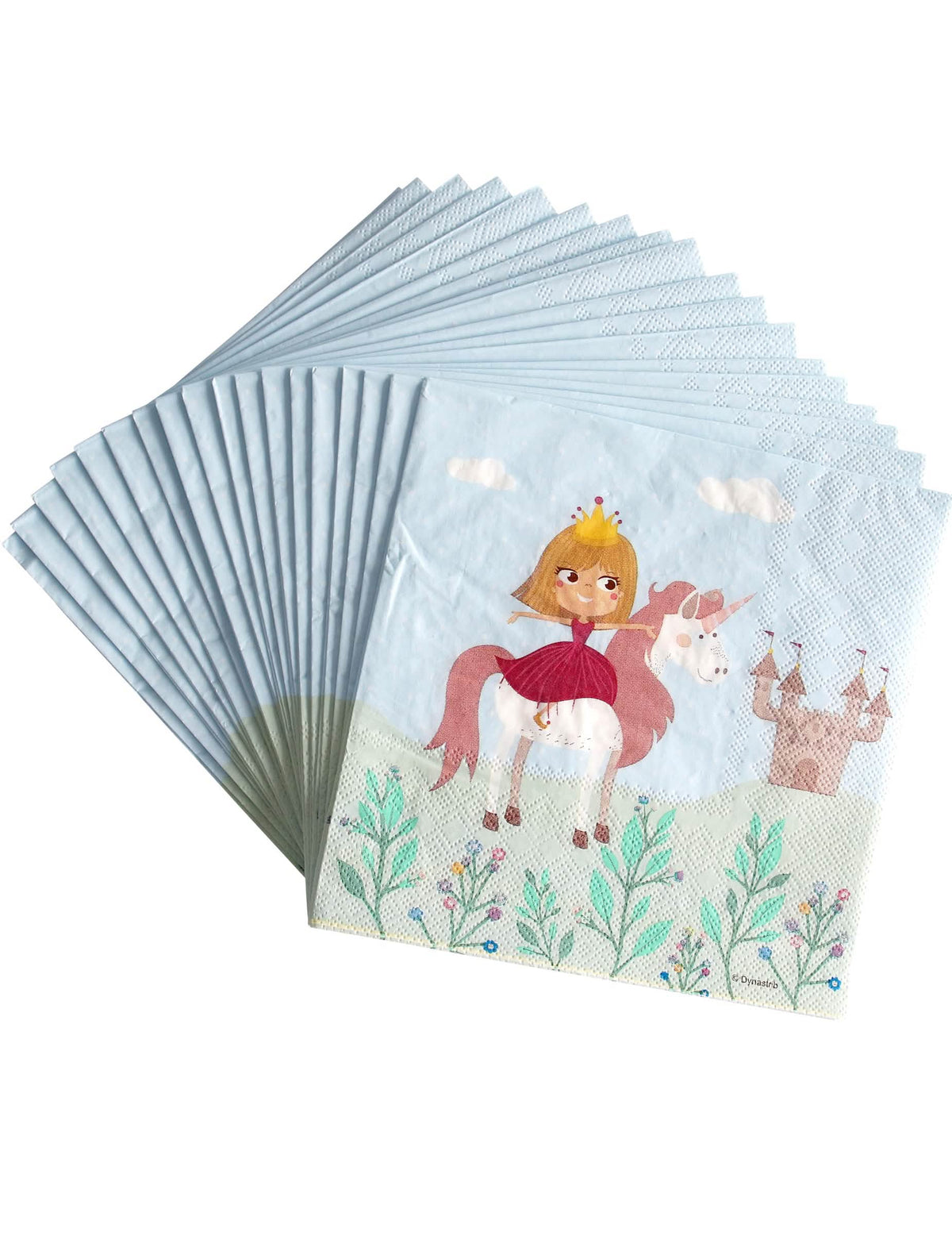 guardanapos Princesa para criança azul-céu com unicórnio e castelo