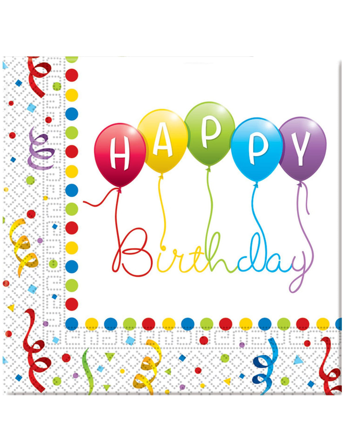 guardanapos Happy Birthday para decoração festiva multicolorida com balões e serpentinas