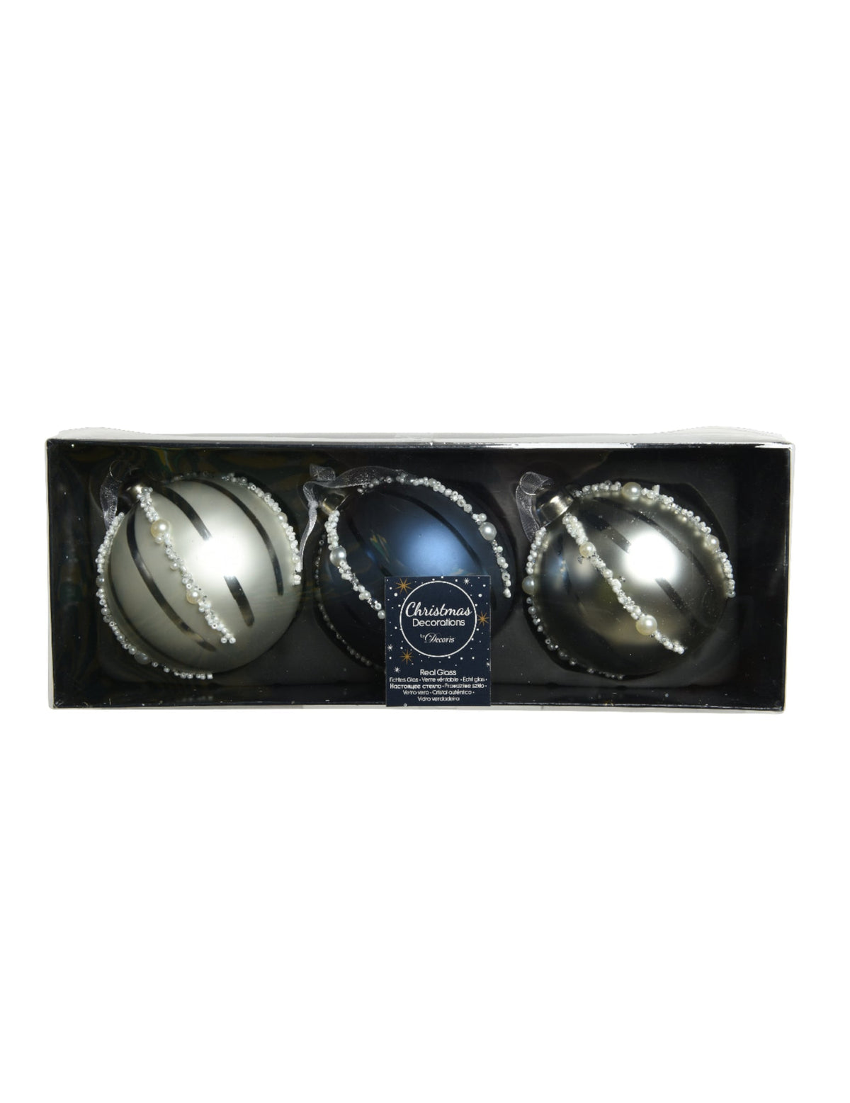 Boîte de présentation des boules de Noël en verre avec perles bleu marine et argent effet nacré