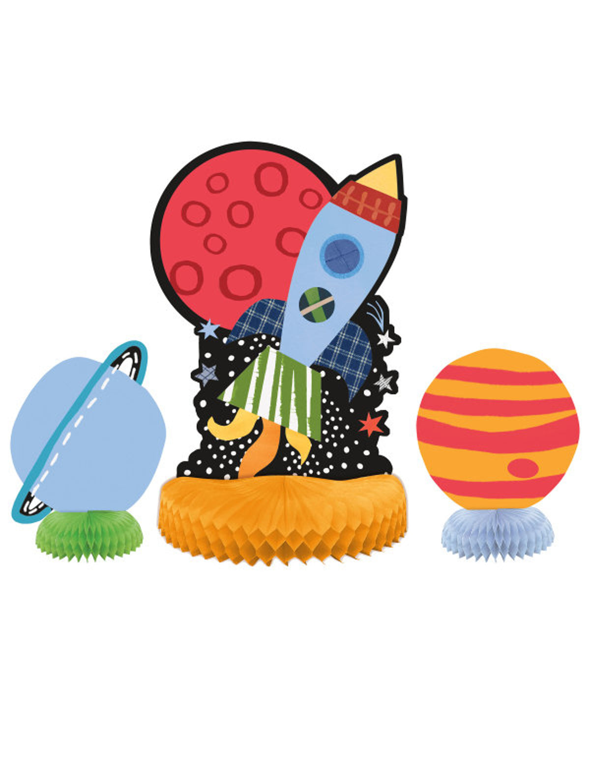 Centros de mesa universo e foguetão multicolores em papel alveolado