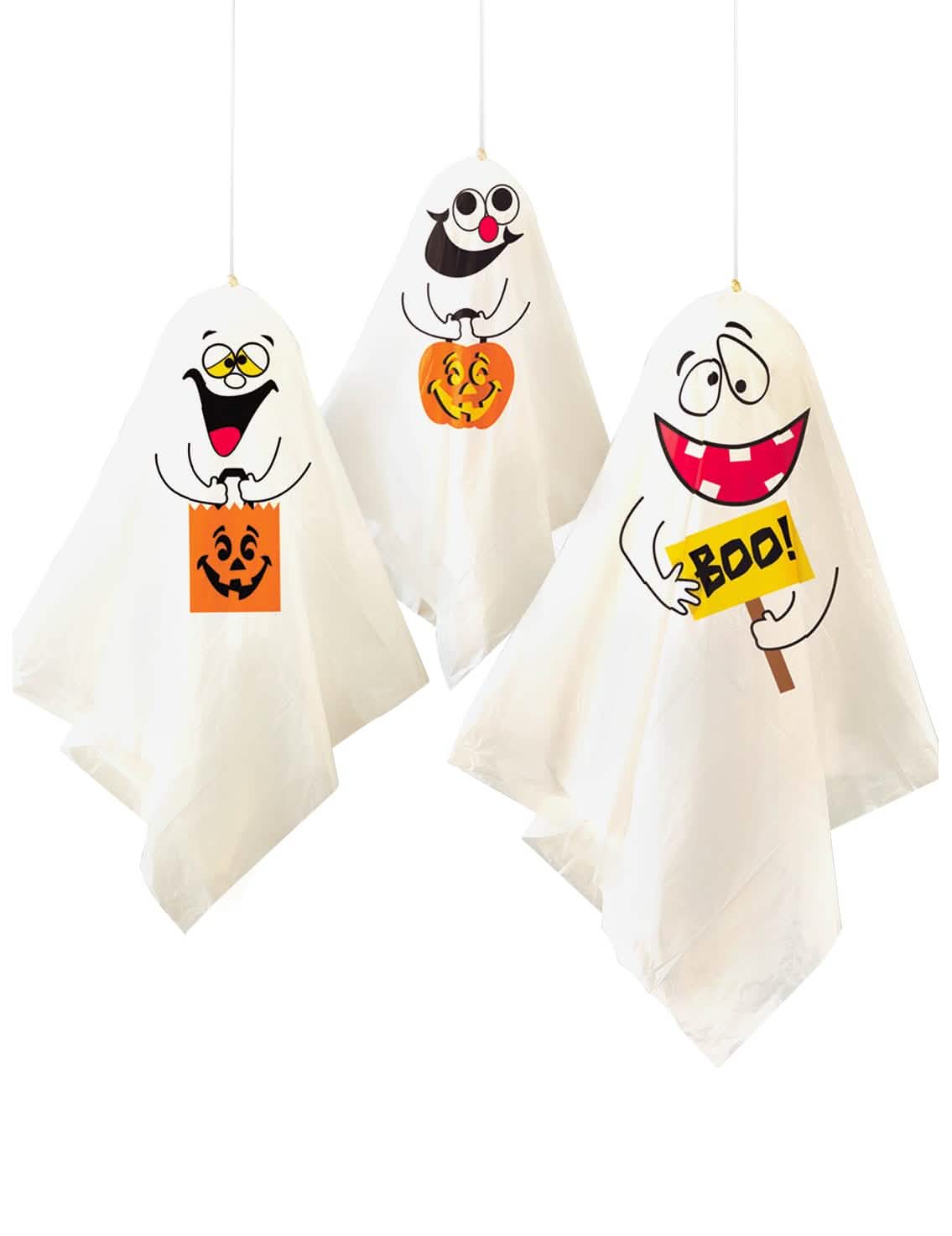 3 fantasmas para pendurar halloween brancos com abóbora e motivos humorístico