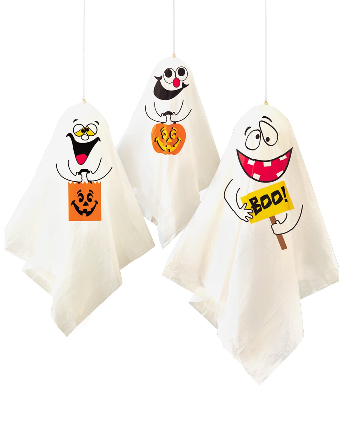 3 fantômes à suspendre Halloween blancs avec citrouille et motifs humoristiques