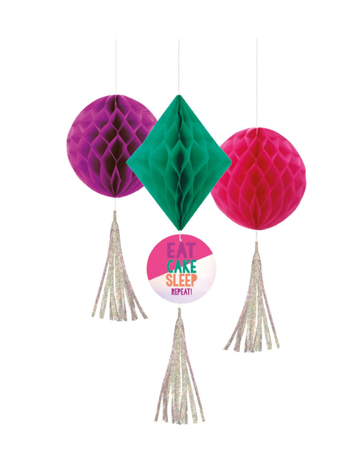 3 decorações alveoladas birthday vibes com pompons para festa multicoloridas e iridescentes