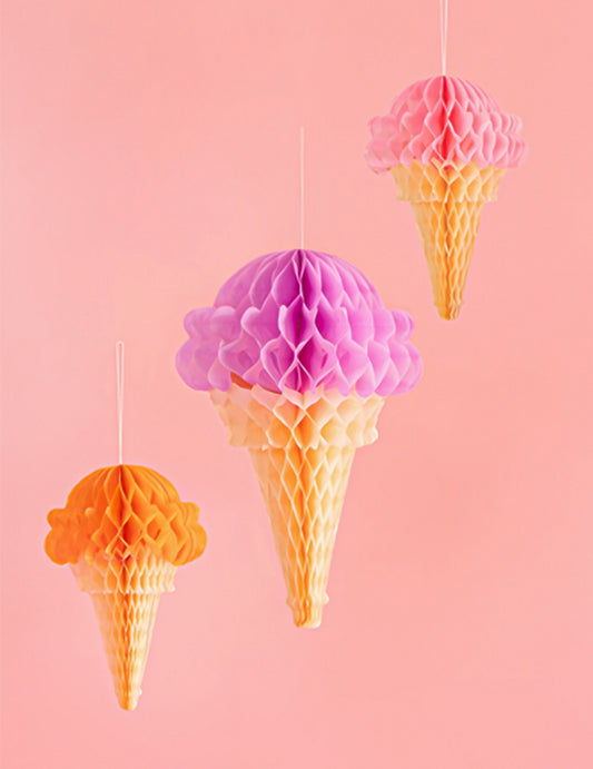 3 Decorações em papel de seda alveolar cone de gelado 20 a 30 cm