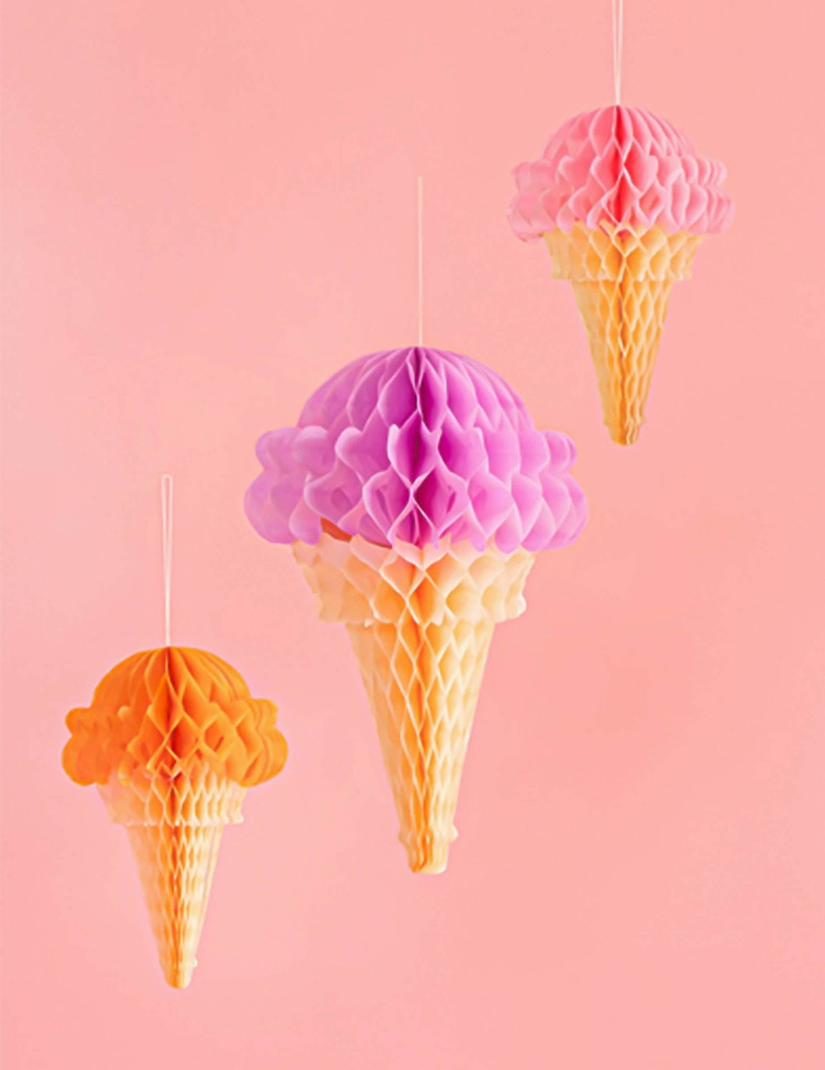 3 Decorações em papel de seda alveolar cone de gelado 20 a 30 cm