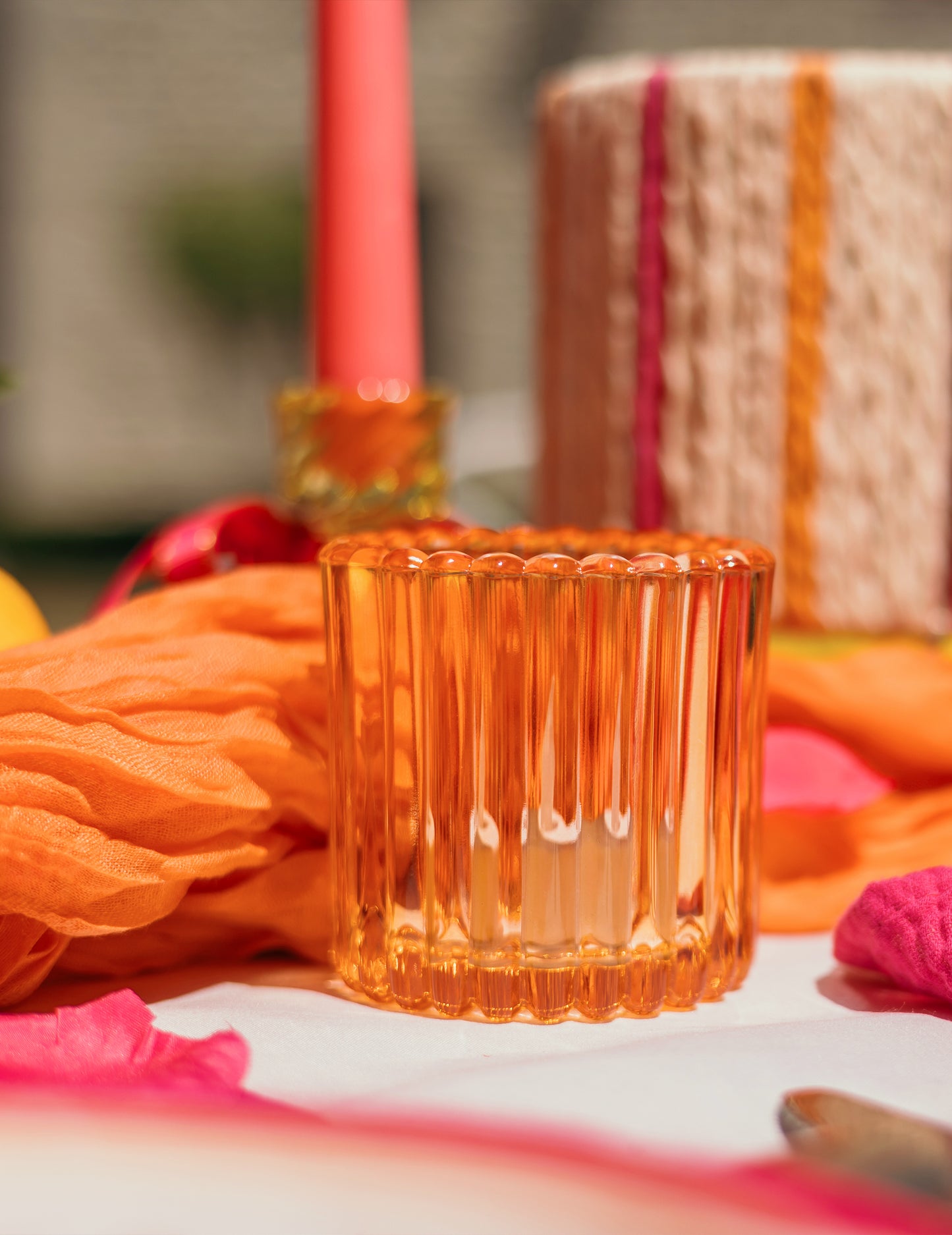 3 castiçais de vidro cor-de-rosa, laranja e amarelo 7.5 cm