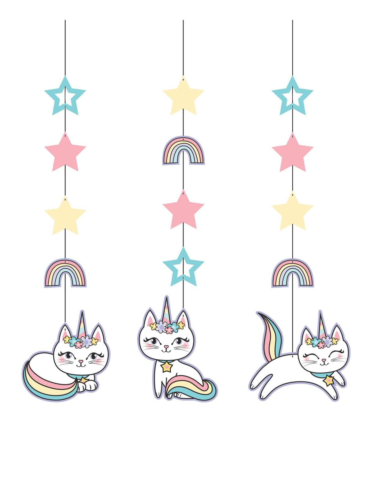 Suspensões em cartão caticorn para aniversário pastel com estrelas e arco-íris