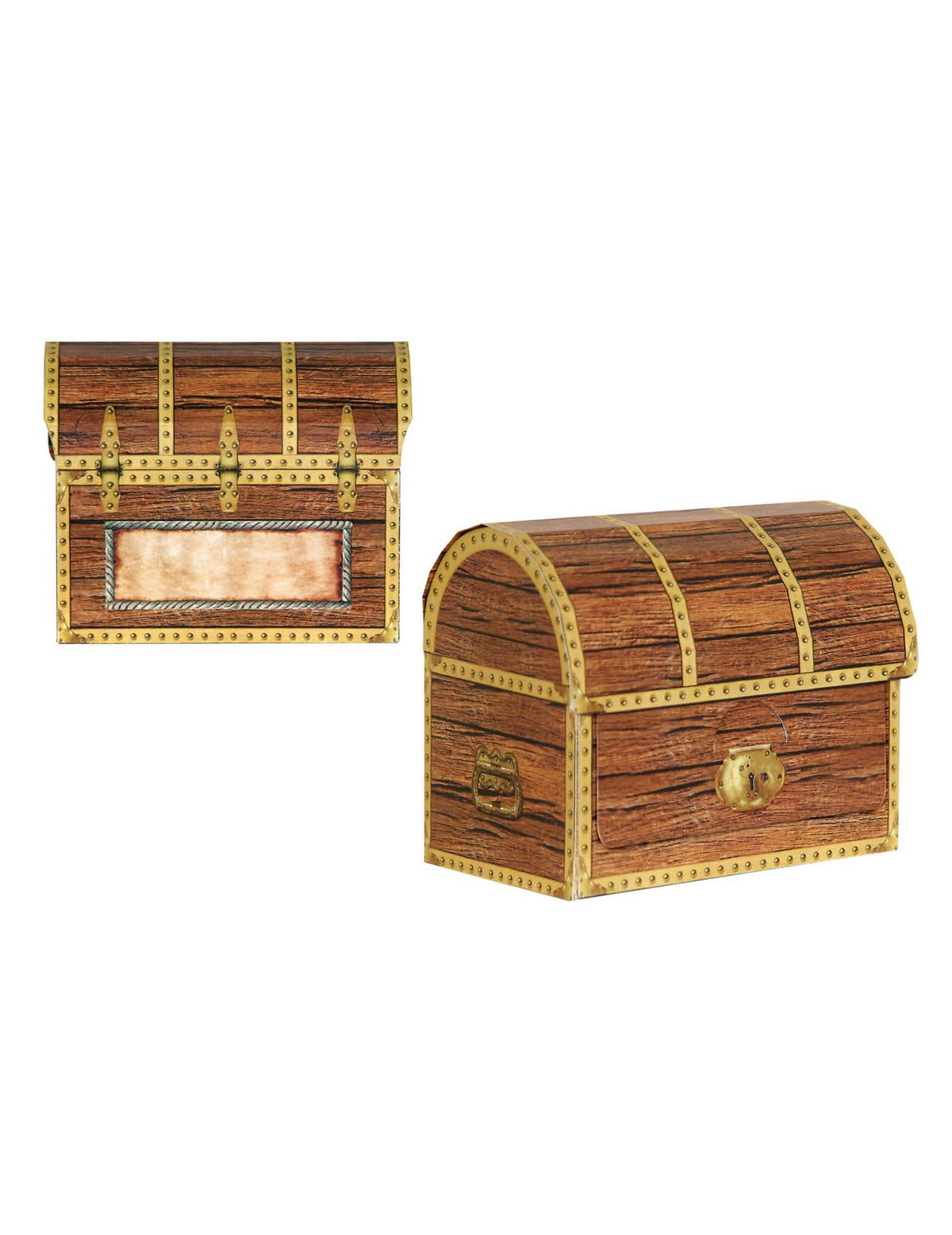Caixas de tesouro em cartão pirata com aspeto de madeira castanho e dourado para montar