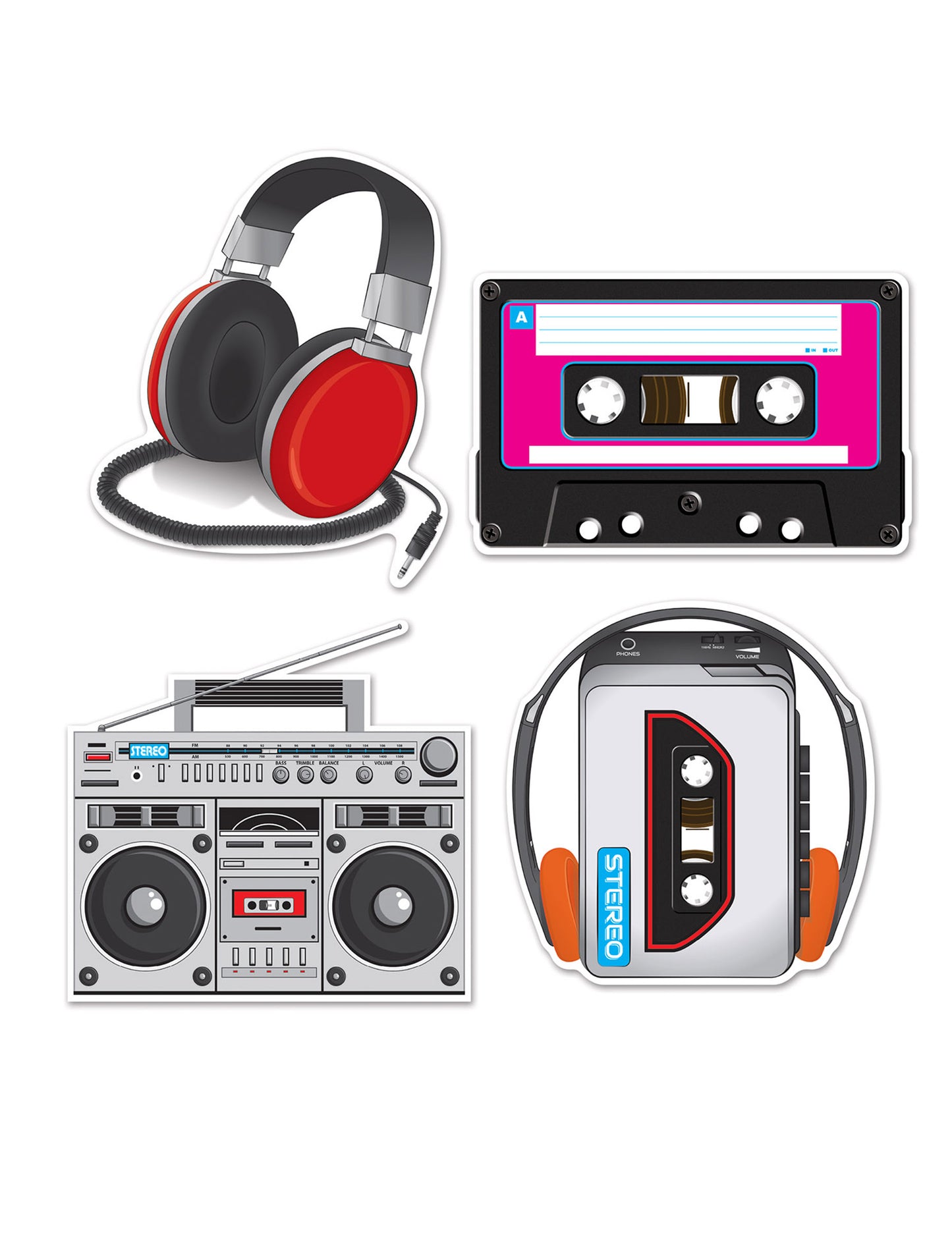 4 décorations cartonnées années 80 thème musique pour fête multicolores