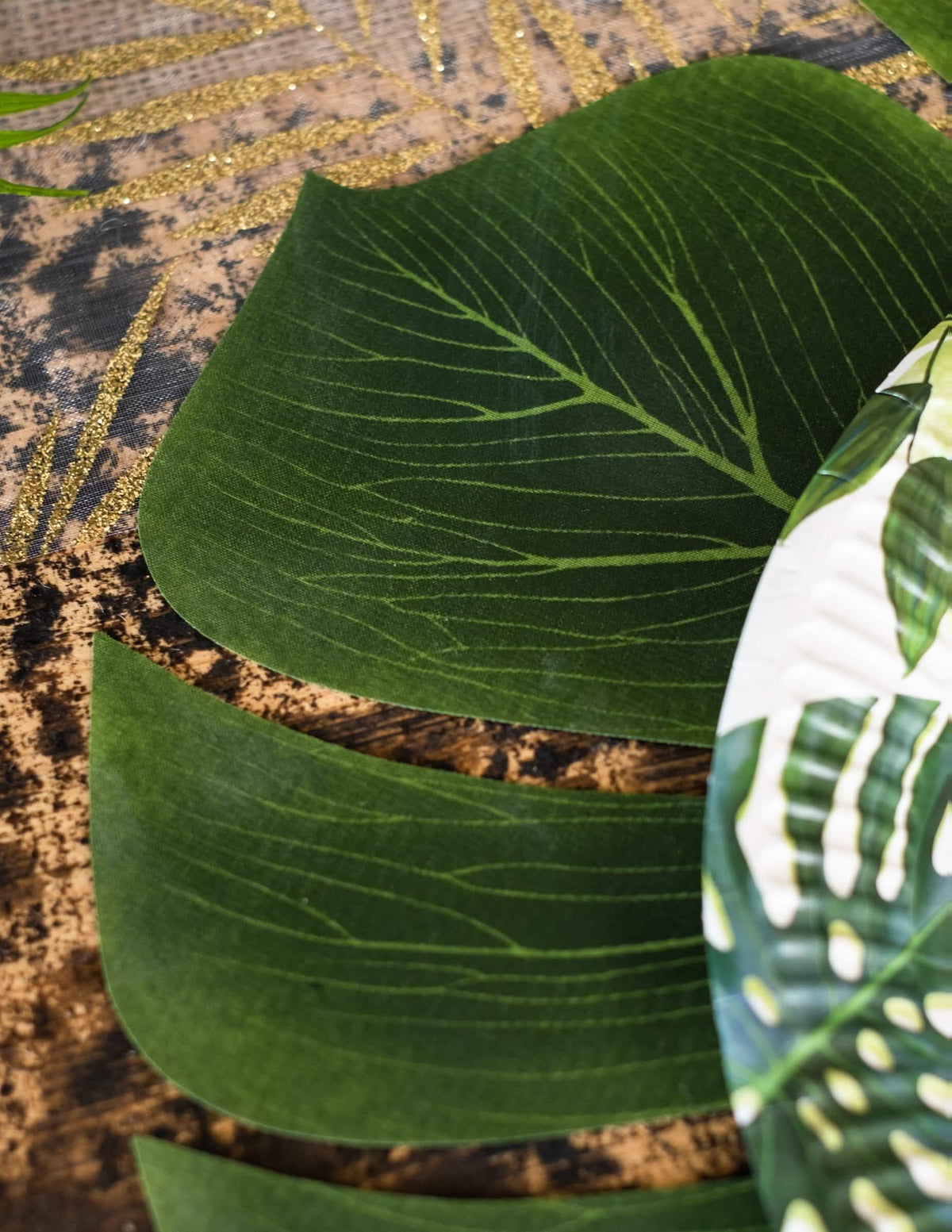 Detalhe da textura nervurada do conjunto de 4 folhas de Monstera para decoração de festa