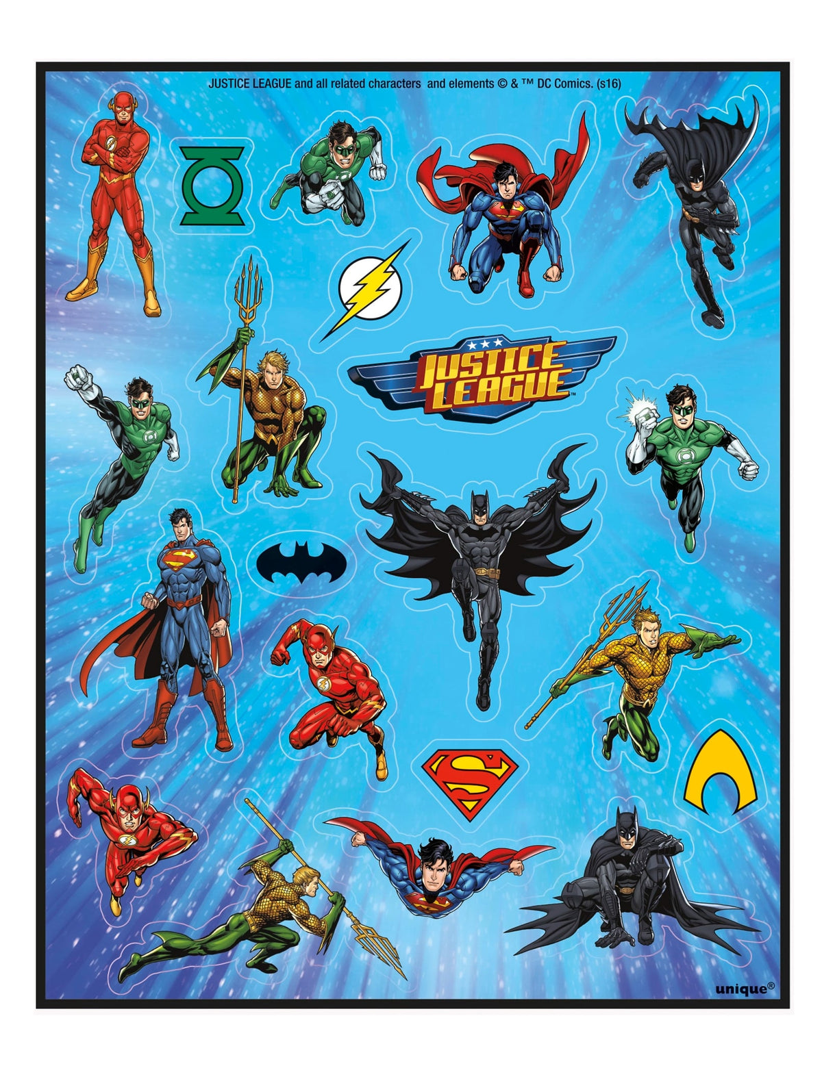 Feuilles de stickers Justice League multicolores avec Superman Batman et Flash