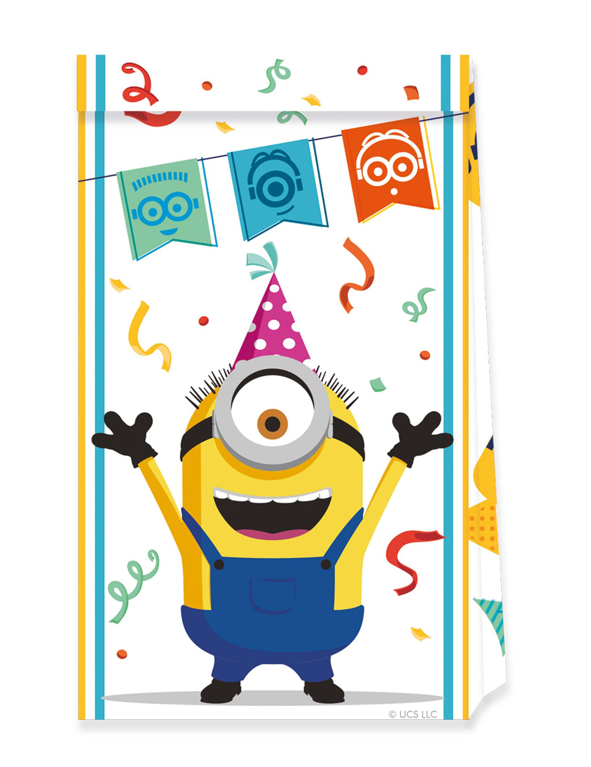 Sachets de fête Minions pour enfant jaune avec motifs festifs et confettis
