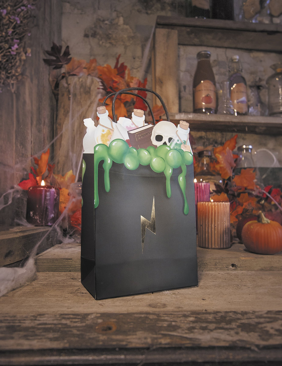 Mise en scène avec potions et crâne du sac cadeau en papier apprenti sorcier