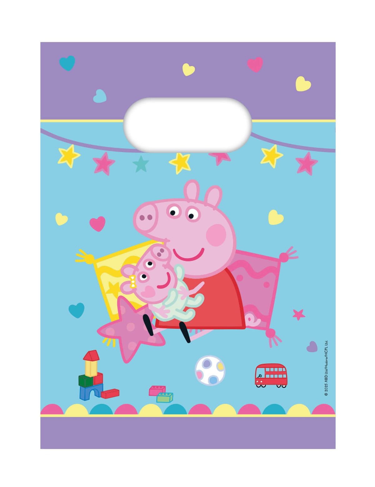 sacos de prenda em papel Peppa Pig para criança azuis e roxos com motivos de corações e estrelas