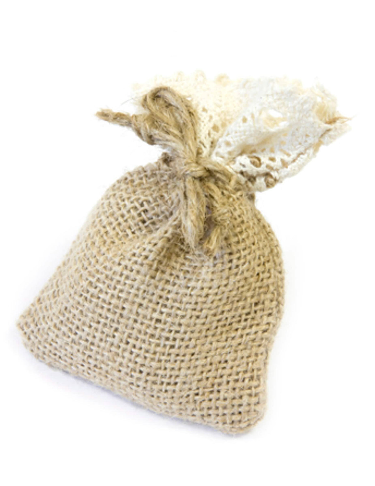 Saco de juta e renda para amêndoas bege e branco
