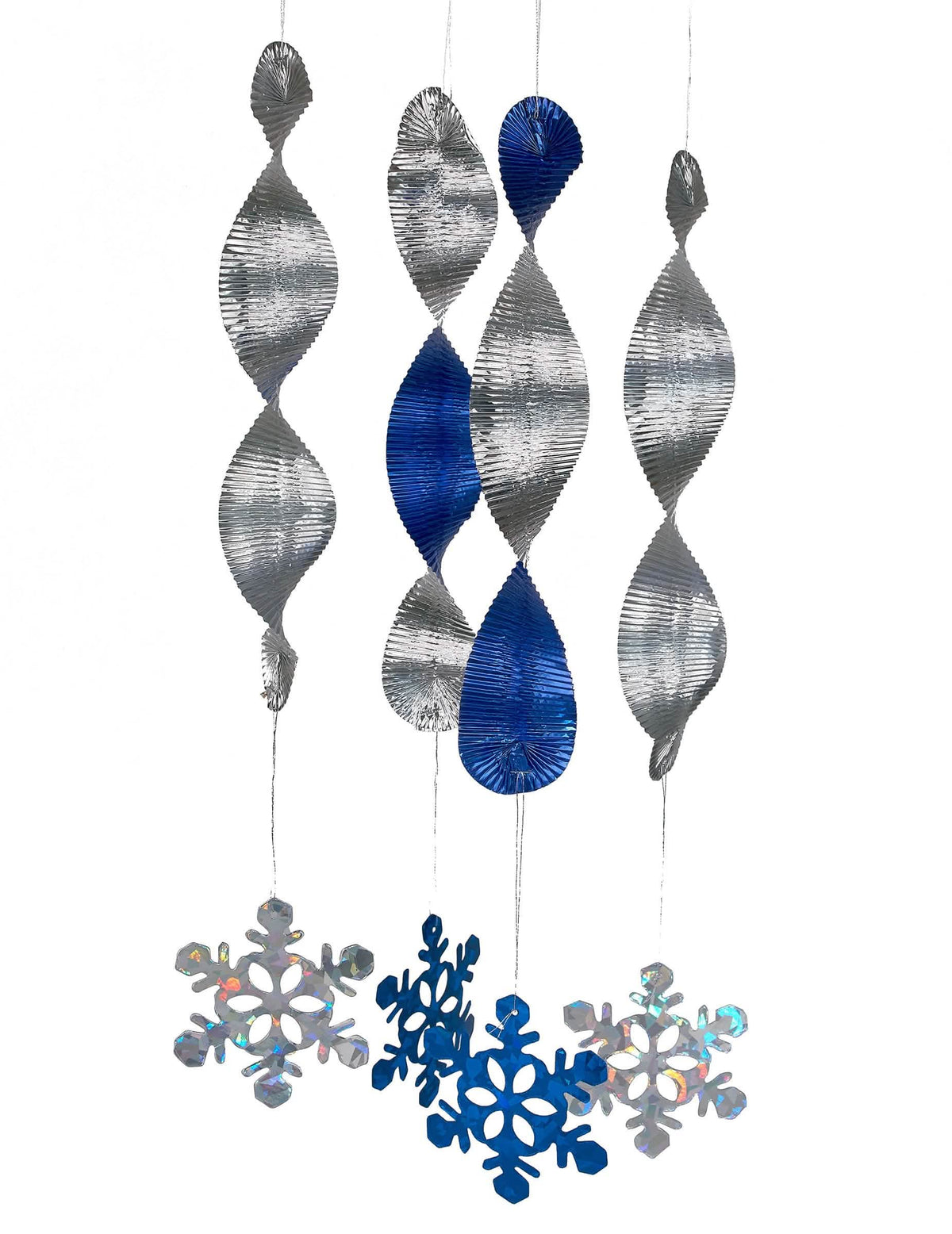 Suspensões em espiral flocos de neve para festa azul e prateado