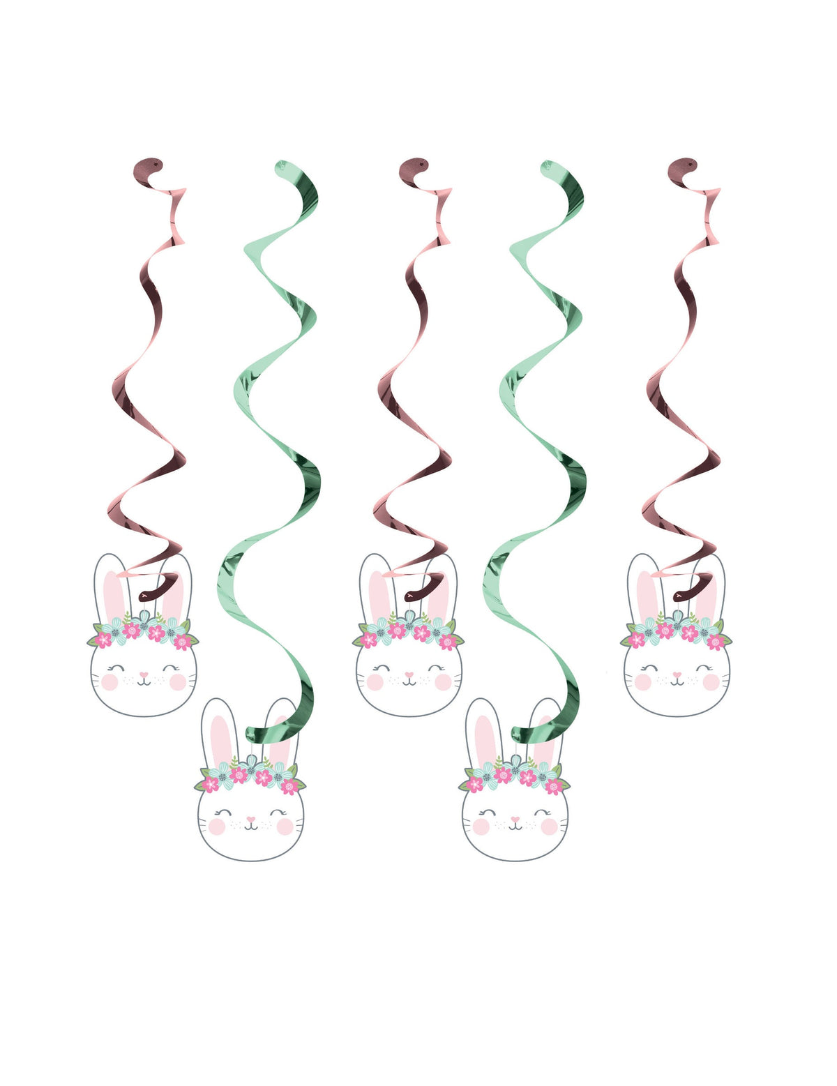 Suspensions spirale en carton petit lapin pour anniversaire rose et vert métallisé