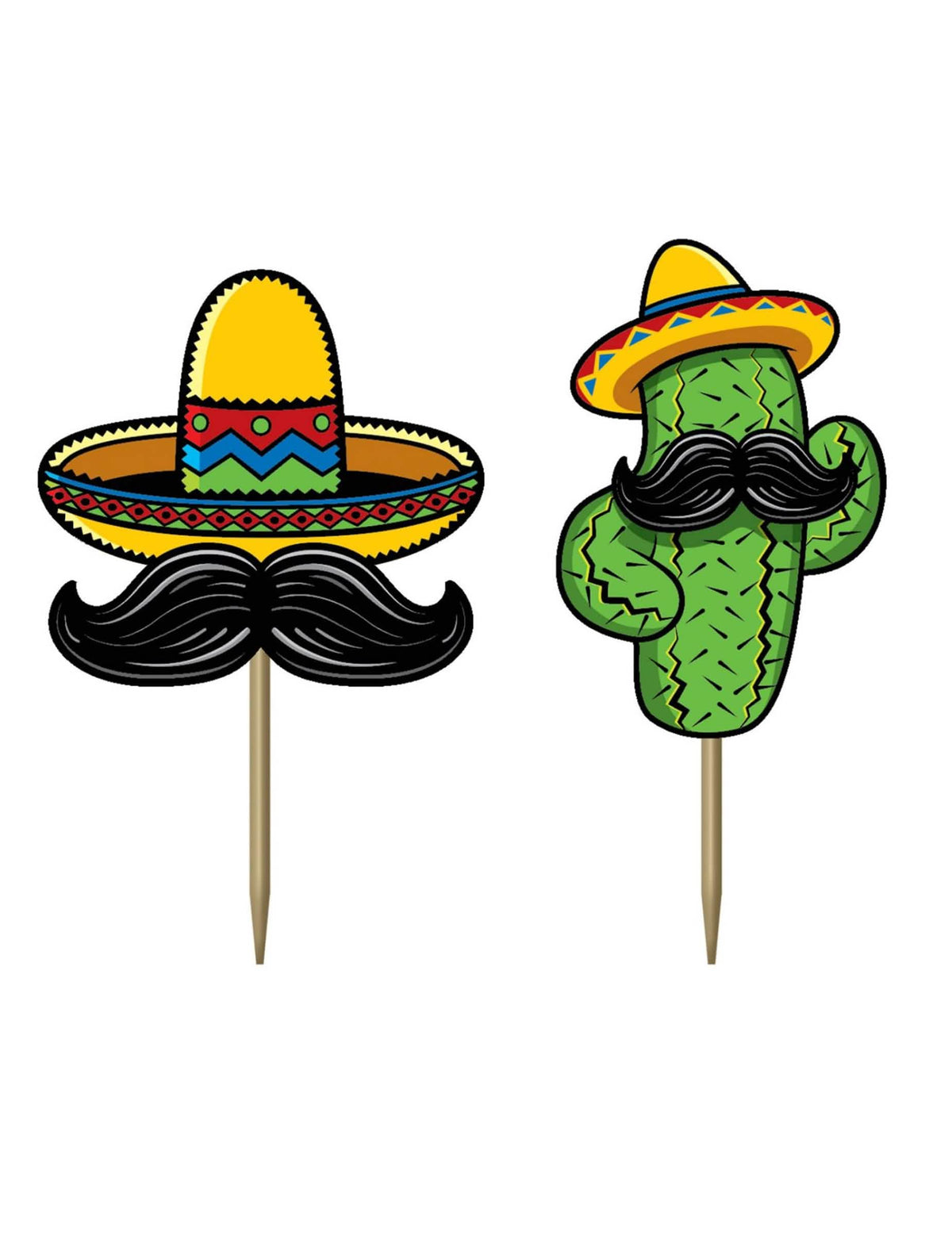 Palitos de cartão festa mexicana com motivos de cacto e sombrero com bigodes amarelo e verde