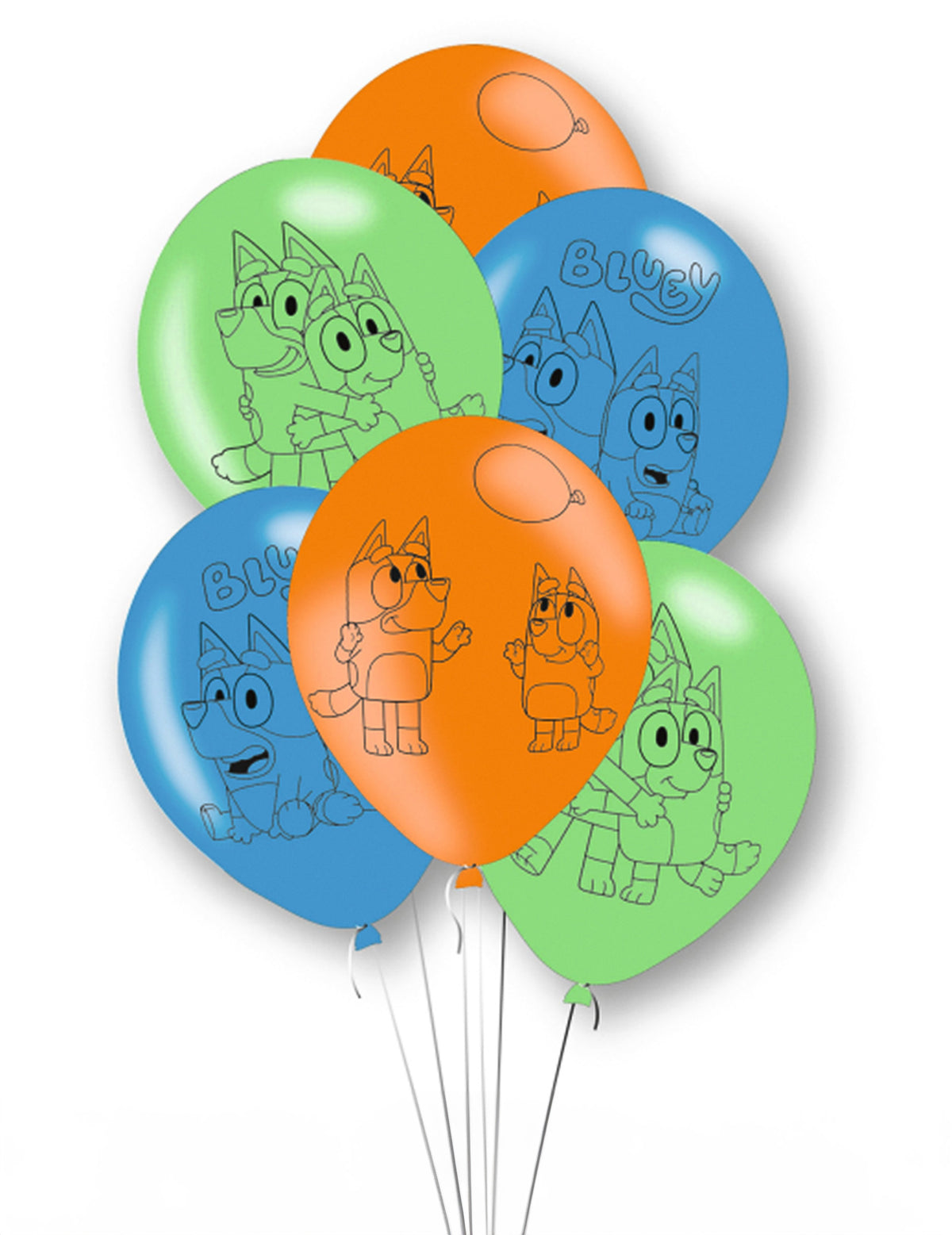 6 ballons en latex Bluey pour enfant bleus orange et verts