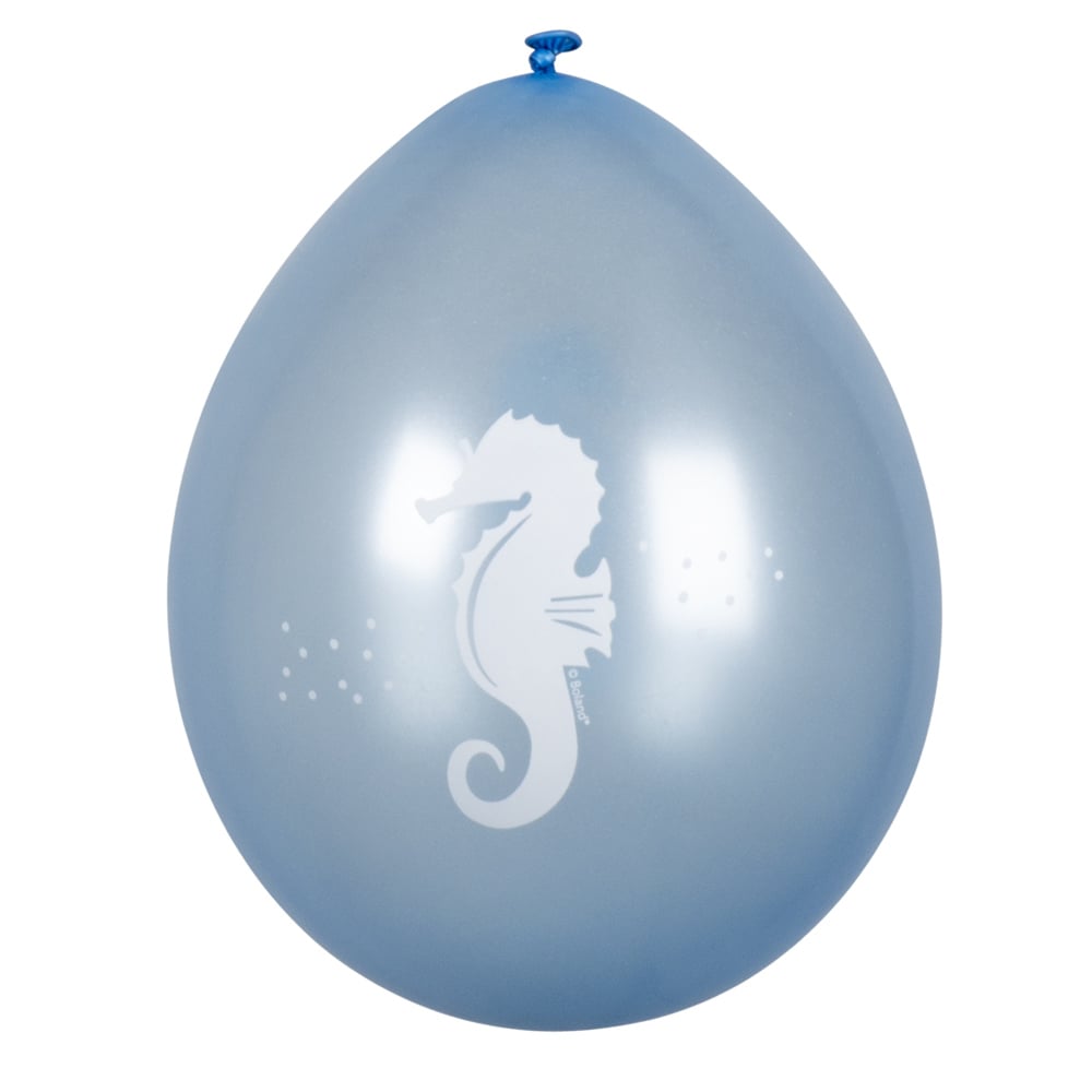 Vue du ballon bleu avec motif d'hippocampe blanc des Ballons Sirène Lagune