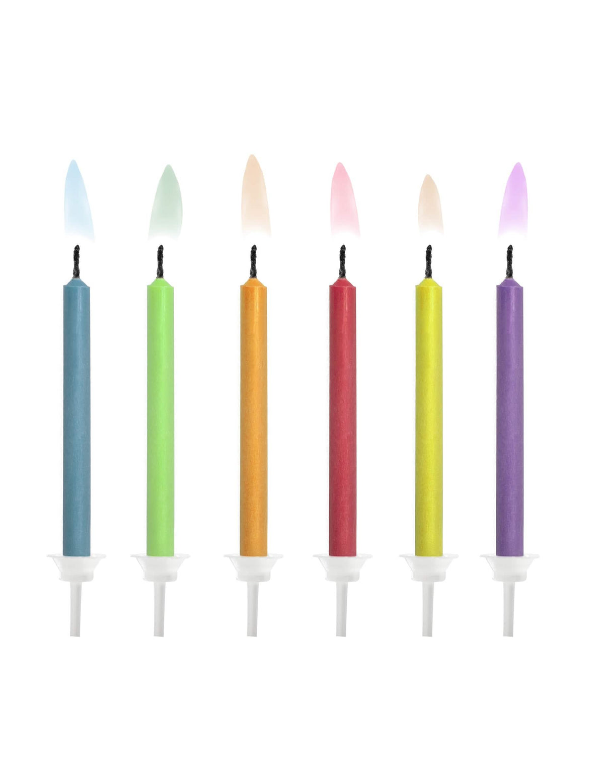 6 velas de aniversário com chama colorida para bolo multicoloridas com suportes